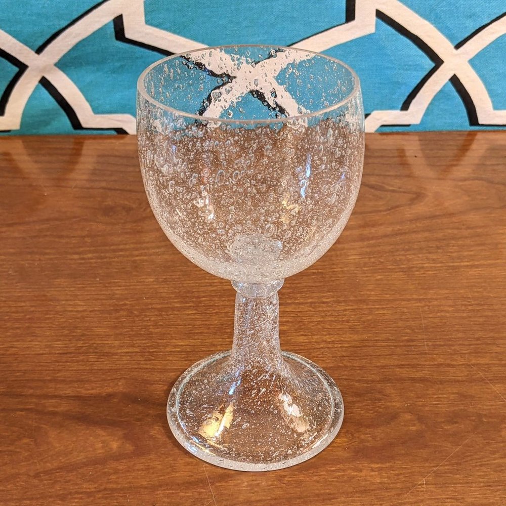 Stunning hand blown bubble seeded glass chalice / goblet on high flared stem